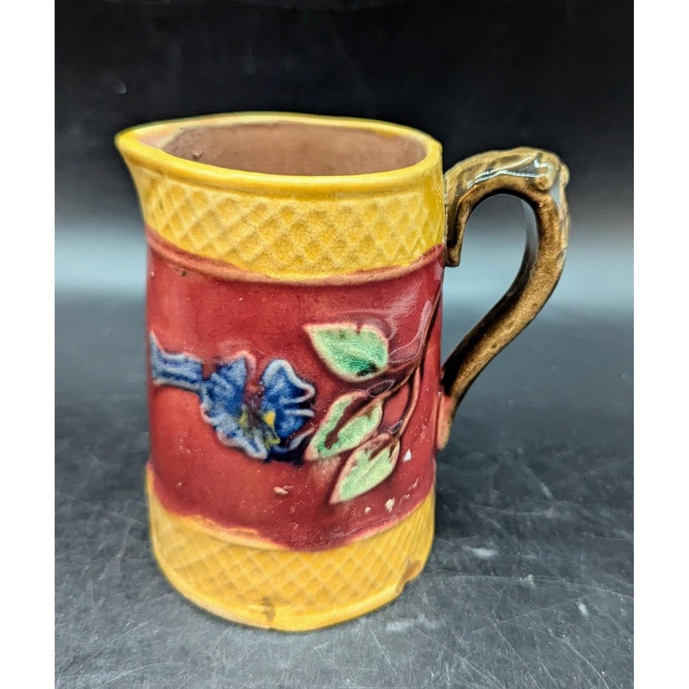 Antique Victorian Yellow & Brown Blue Dogwood Majolica 4" Pitcher Creamer